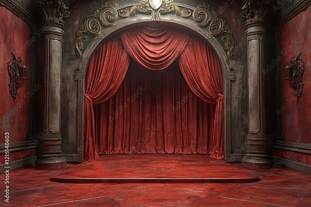 Poster red curtains draping elegantly over a stage in an old theater, surrounded by ornate columns and a pl