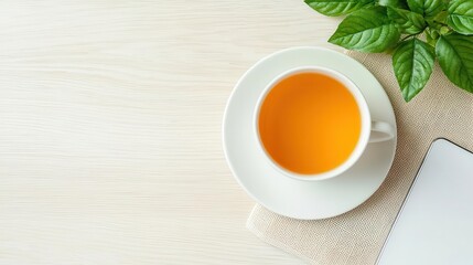 Minimalist desk with a cup of green tea, tablet, and leafy plants on a wooden surface