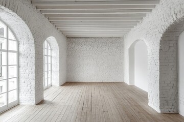 Fototapeta premium Spacious White Brick Loft Interior with Wooden Floor, Arched Windows Exposed Beams