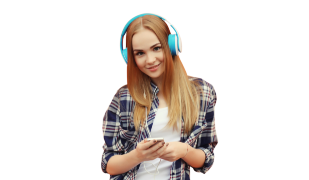 Modern happy young woman listening to music with smartphone, girl smiles in headphones holding phone