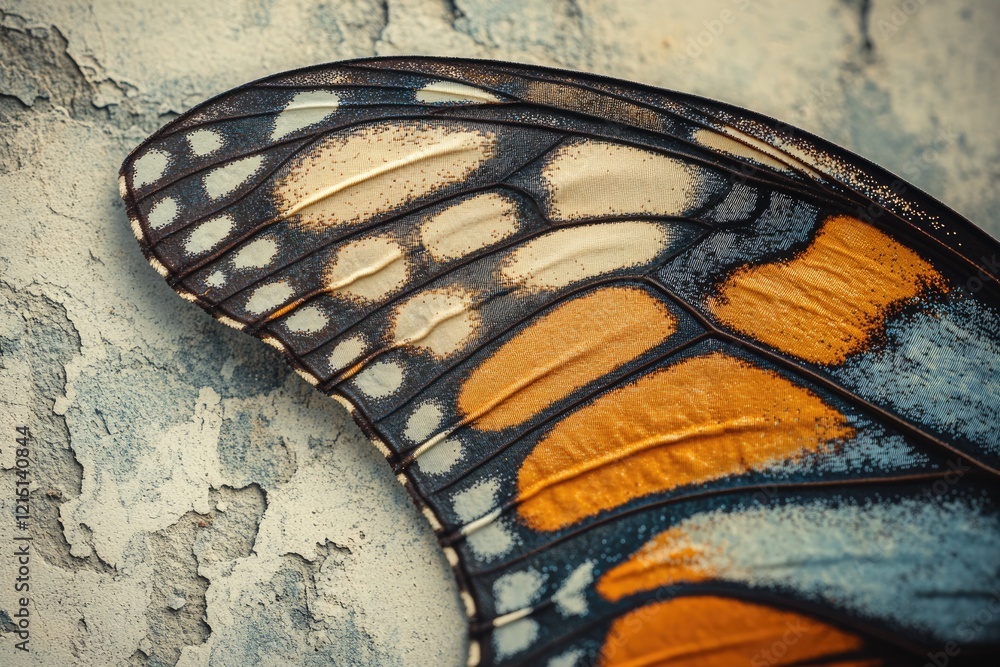 Poster close-up of a butterfly wing showcasing intricate patterns and vibrant colors against a textured bac