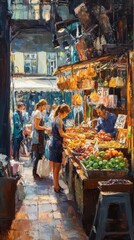 Fototapeta premium Create a vibrant oil painting of a classy Market stand, bustling with activity