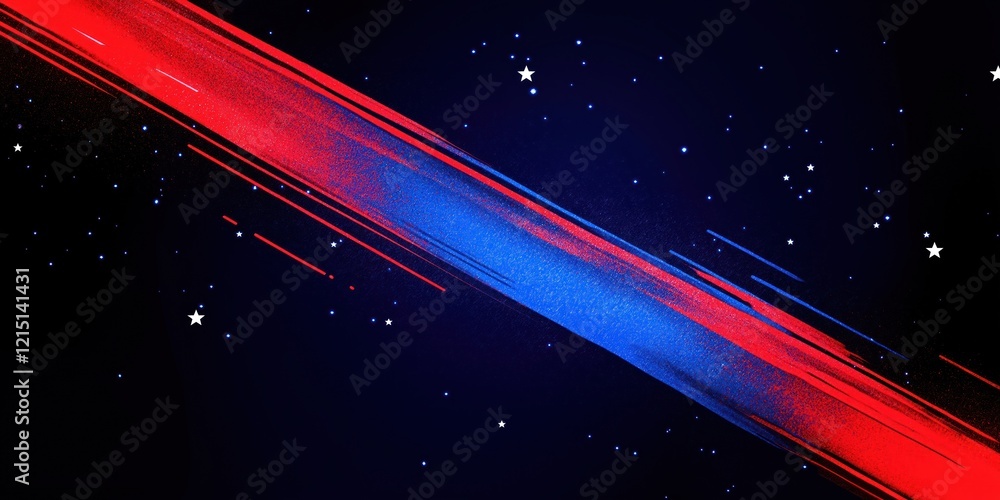 Poster dynamic illustration with vivid blue, red lines on dark background. stars scattered across backdrop 