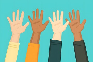 Obraz premium Diverse Hands Raised in Unity Teamwork Collaboration and Participation Concept Illustration