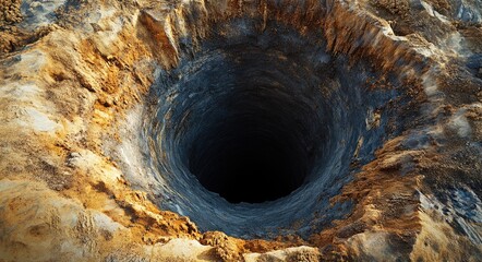 Endless Abyss: Antique Digging Pit with Water Well Drilling Machinery in a Deep Ground