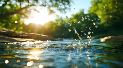 Fototapeta premium Water Splashing in Clear Stream Surrounded by Lush Greenery