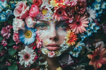 Close up portrait of a young caucasian woman with artistic floral makeup and a vibrant flower crown
