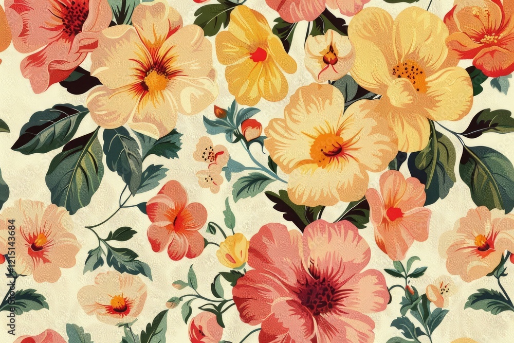 Poster seamless floral pattern showcasing a vibrant array of blooming flowers in soft pastel hues, creating