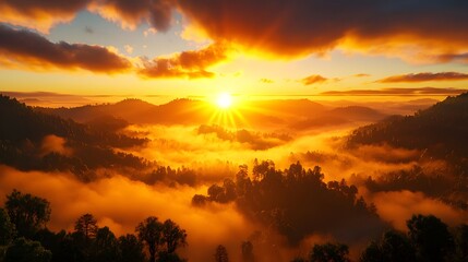 Sunrise over Misty Mountains with Golden Sky and Lush Greenery