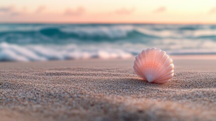 A delicate pink seashell rests on soft sand by a gentle ocean wave, at sunset.