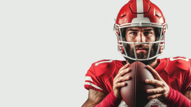 Close-up American football player wearing red uniform and equipment holding football in hands, white background. Banner with copy space