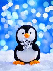 Cute Penguin Snowflake Winter Scene - Adorable penguin holding a snowflake in a snowy winter scene. Symbolizes winter, cuteness, joy, peace, and holiday cheer.