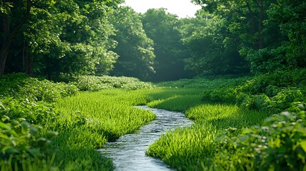 Tranquil Stream Flowing Through Lush Green Forest Landscape