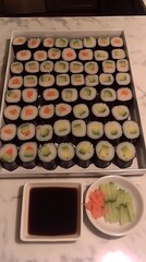 Assorted maki sushi rolls arranged neatly in a container