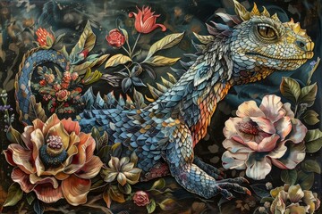 Naklejka premium Colorful dragon resting peacefully in a vibrant, magical garden filled with blooming flowers