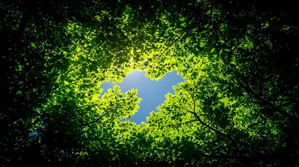 Fototapeta premium Sunlight Shining Through Green Leaves in a Forest Canopy Emanating Light