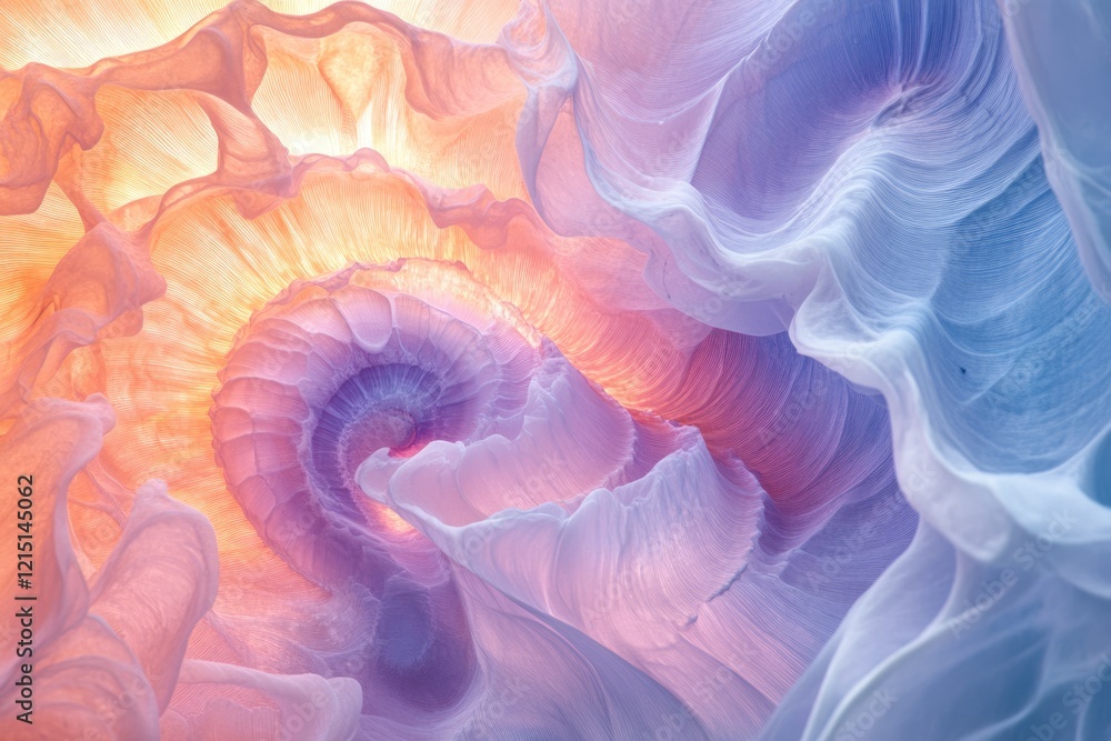 Poster abstract image of swirling pastel fabrics, creating a mesmerizing spiral effect with warm and cool t
