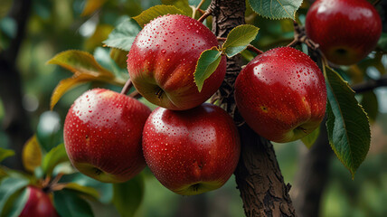 Obraz premium Cluster of ripe, red apples hanging from a tree branch