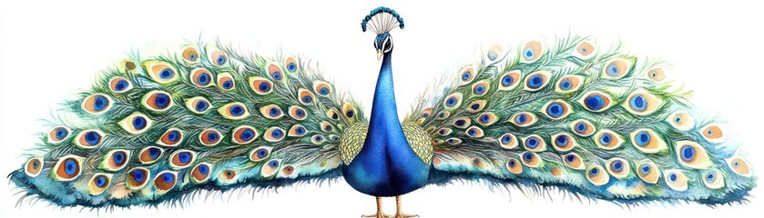 Obraz premium Elegant, sophisticated, and vibrant Peacock in watercolor, presenting a mesmerizing Birds-eye view for marketing analysis