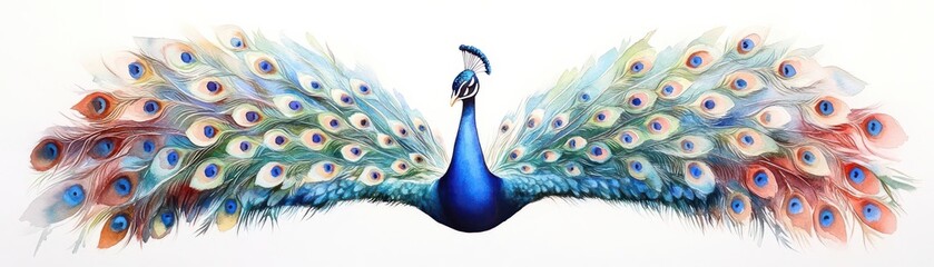 Obraz premium Elegant, sophisticated, and vibrant Peacock in watercolor, presenting a mesmerizing Birds-eye view for marketing analysis