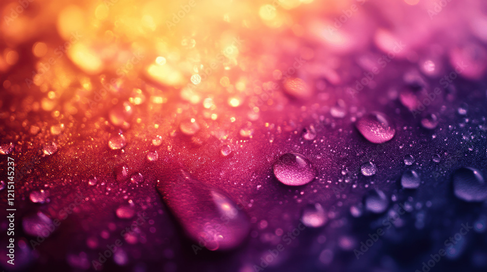Poster close-up of shimmering purple and pink water droplets on a soft surface, creating a dreamy and refre