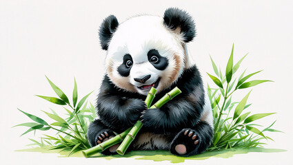 Adorable baby panda eating bamboo. Watercolor illustration. 