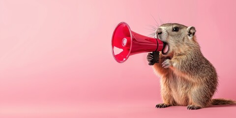 Groundhog screaming into megaphone symbolizes fun around Groundhog Day. Isolated on the pastel pink background. Ads for promotions, advertisement and communication, viral marketing. Copy space.