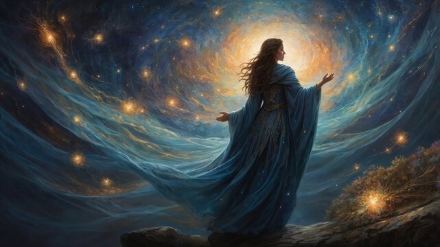 A fervently wandering Celestial Wanderer, their ethereal form emanates mystical energy amid the vast expanse of the cosmic tapestry. This scene is depicted in a breathtaking digital painting, where vi