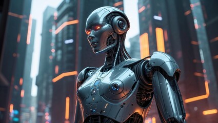 Fototapeta premium In a world of gleaming metal and glowing circuits, a nebulous robot uprising takes center stage in this stunning macro low key photograph. The main subject is a towering, sleek android with intricate 