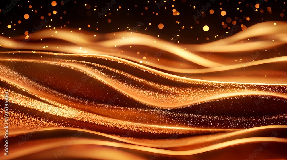Poster shimmering golden waves with sparkling particles in dark background