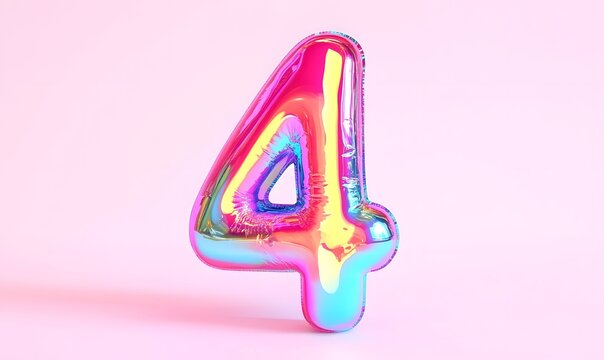 Iridescent Number Four Balloon Pink Background