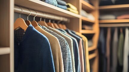 Close-up of neatly arranged clothes on hangers in modern wardrobe. Organized space with minimalism, tidiness and efficient storage solutions