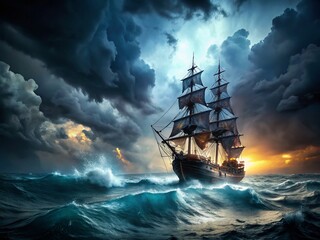 Minimalist Pirate Ship in Storm: Dark Sea, Old School Tattoo Style T-Shirt Design