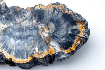 Petrified wood slice showcasing stunning blue, grey, and yellow hues, a captivating geological marvel.