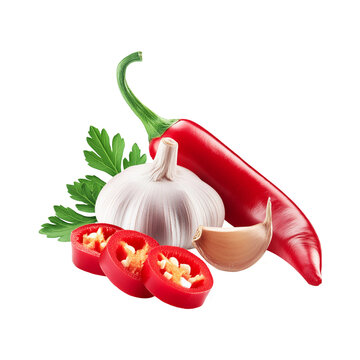 Fresh Garlic slice with red chili on transparent background