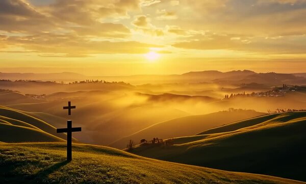 Majestic Easter sunrise over rolling green hills with a wooden cross silhouetted in the golden light, symbolizing hope '