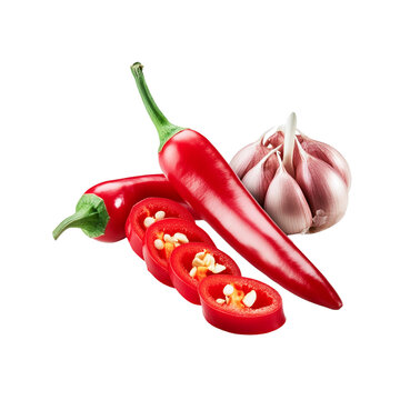 Garlic with red chili slice on transparent background