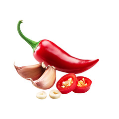 Fresh Garlic with red chili slices on transparent background