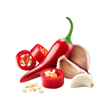 Garlic with red chili slices on transparent background