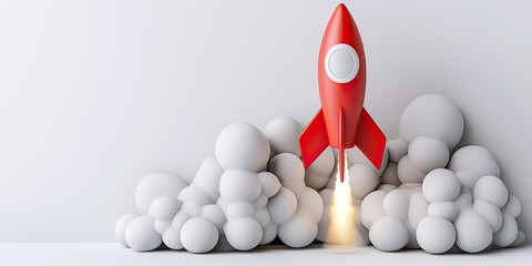 Naklejka premium A vibrant red rocket launching amidst white clouds, symbolizing innovation and exploration in a modern, minimalist setting.