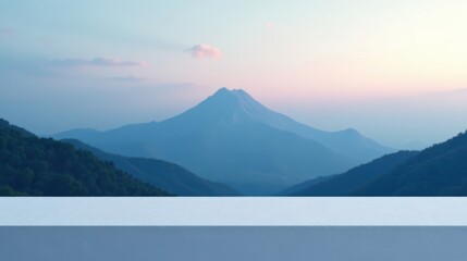 Serene mountain vista backdrop with a clean, empty surface perfect for product display or design presentation.