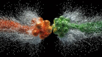 Colorful spheres colliding, splashing, dark background, abstract art