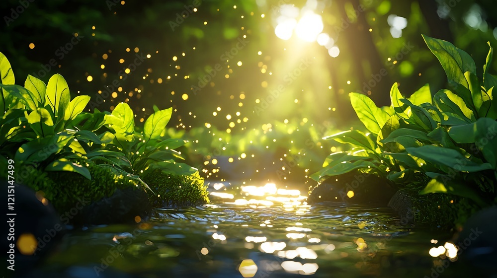 Poster sunlight filtering through leaves over sparkling stream in forest