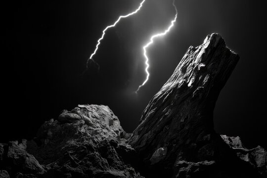 A dramatic black and white image of a lightning strike illuminating rugged, dark rocks.