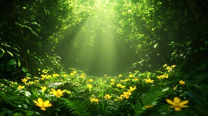 Fototapeta premium Lush Green Forest with Sunlight and Vibrant Yellow Flowers Blooming
