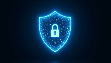 Glowing blue shield with padlock symbol digital illustration