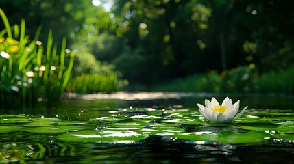 Tranquil Water Lily Blooming on Calm Pond Surrounded by Greenery
