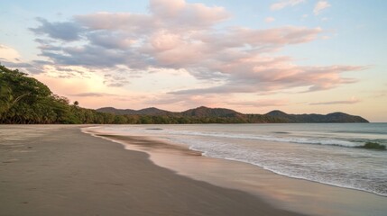 Tropical Beach with Soft Waves and Pastel Sunset Sky – Relaxing Coastal Landscape