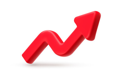 Vector financial realistic illustration of red color arrow graph on white background. 3d cartoon style design of graph of success strategy. Business arrow target growth up icon