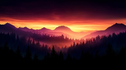 Naklejka premium Majestic Sunset Over a Misty Mountain Landscape in Vibrant Colors